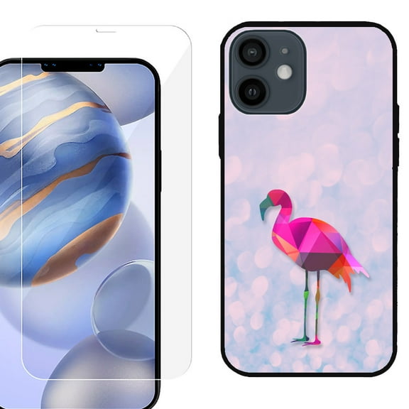 Slim-Fit Protective Phone Case (Black) compatible with iPhone 12 / iPhone 12 Pro, with Tempered Glass Screen Protector, by OneToughShield ® - Flamingo / Polygon