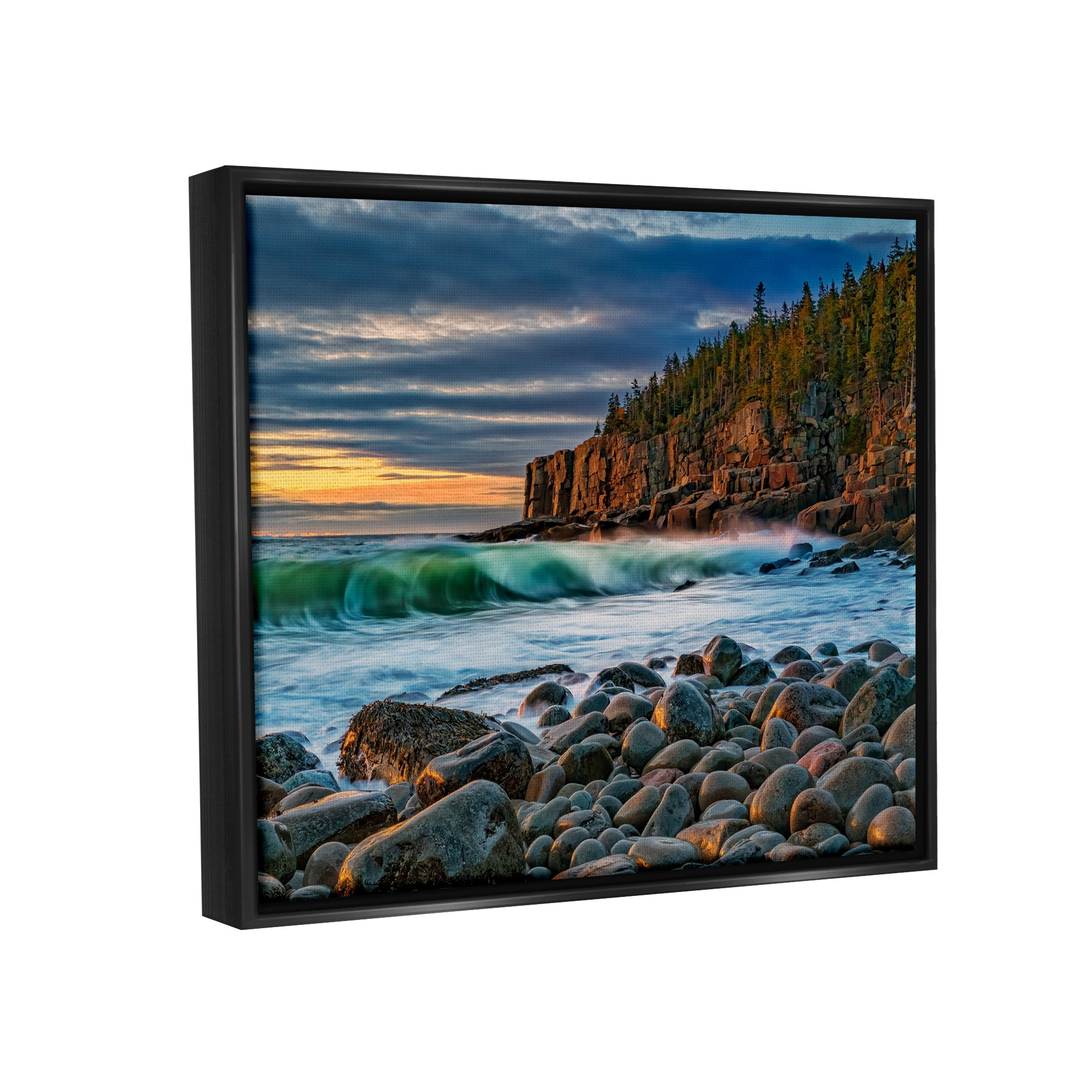 Stupell Rolling Waves Beach Rocks Coast Landscape Photography Black Floater Framed Art Print Wall Art