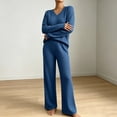 thumbnail image 5 of Women's 2 Piece Loungewear Outfits Ribbed Knit V Neck Long Sleeve Top and Wide Leg Pants Sets Soft Warm Fall Winter Casual Tracksuit Blue, 5 of 7