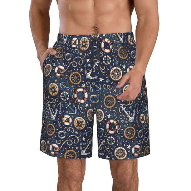 Balery Nautical Traje de Baño Estilo Hawaiano para Hombre, Shorts de Secado Rápido con Bolsillos-Small