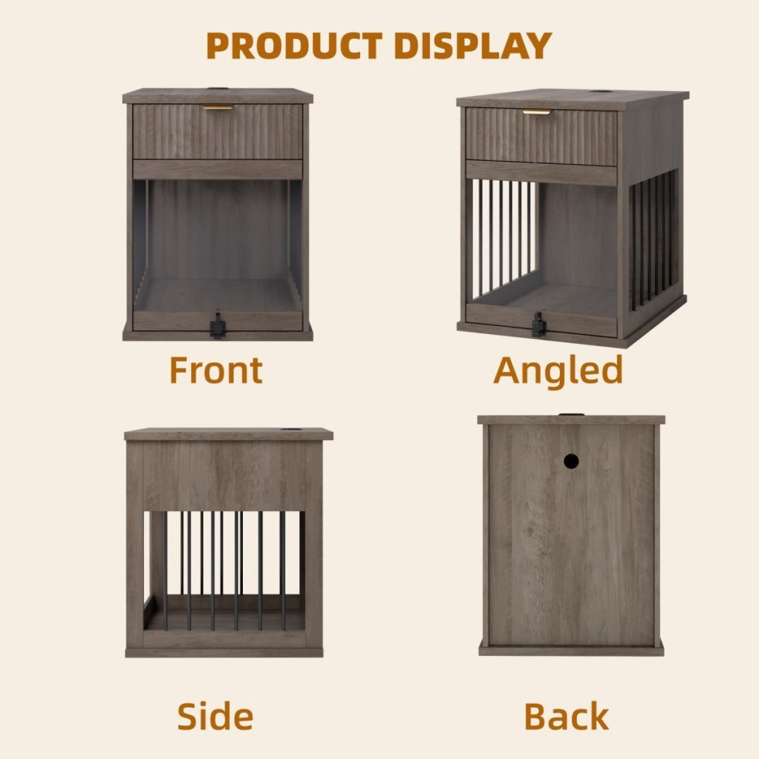 Dog Crate Furniture End Table with Charging Station, Wooden Kennel with Hideaway Tempered Glass Door, Storage Drawer, Indoor Pet House for Small & Medium Dogs, Antique Grey