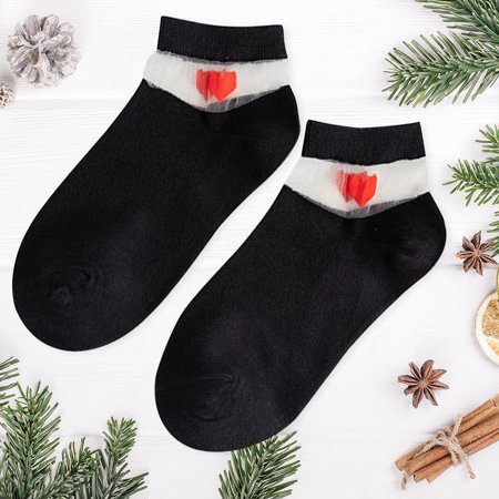 

Ocuuer Summer Heart Decor Soft Short Socks Women Splicing Mesh Ankle Socks (Black)