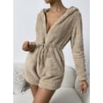 thumbnail image 5 of Arvbitana Women's Fuzzy Hooded Short Jumpsuit Casual Solid Color Zipper Long Sleeve Plush Romper Sleepwear Drawstring Bodysuit Loose Loungewear, 5 of 8