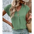 thumbnail image 5 of Kovlvoll Womens Tops Summer 2 Buttons V-Neck Solid Color Short Sleeve Shirts Loose Casual Lightweight Comfy Top Blouse, 5 of 6