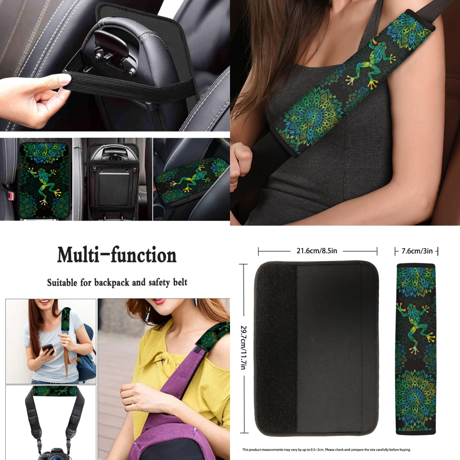 Yuyamidu Boho Flowers Front Rear Car Seat Covers Full Set of 13 Funny Frog Steering Wheel Cover Seat Belt Pads Armrest Cover Cup Holders Lip Gloss Holder Keychain