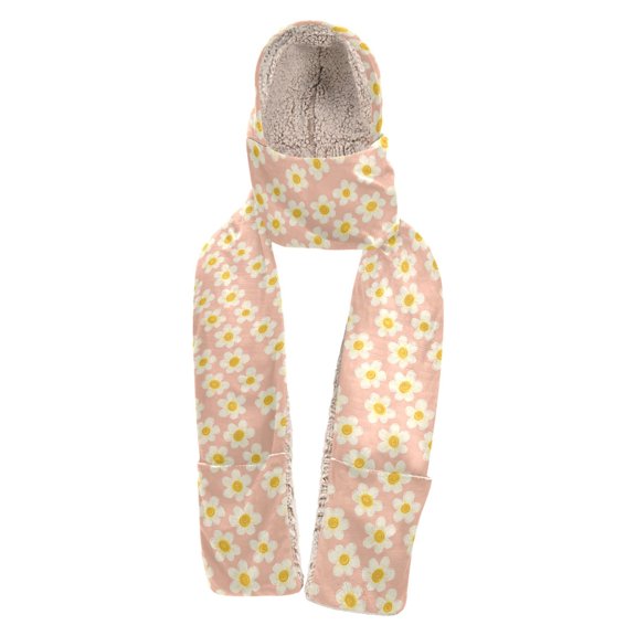 BZSMCE 3‑in‑1 Hooded Scarf with Pockets Soft Plush Lined Winter Hat Scarf Gloves Combo Daisy Pattern Print Warm Neck Wrap for Outdoor Skiing Walking