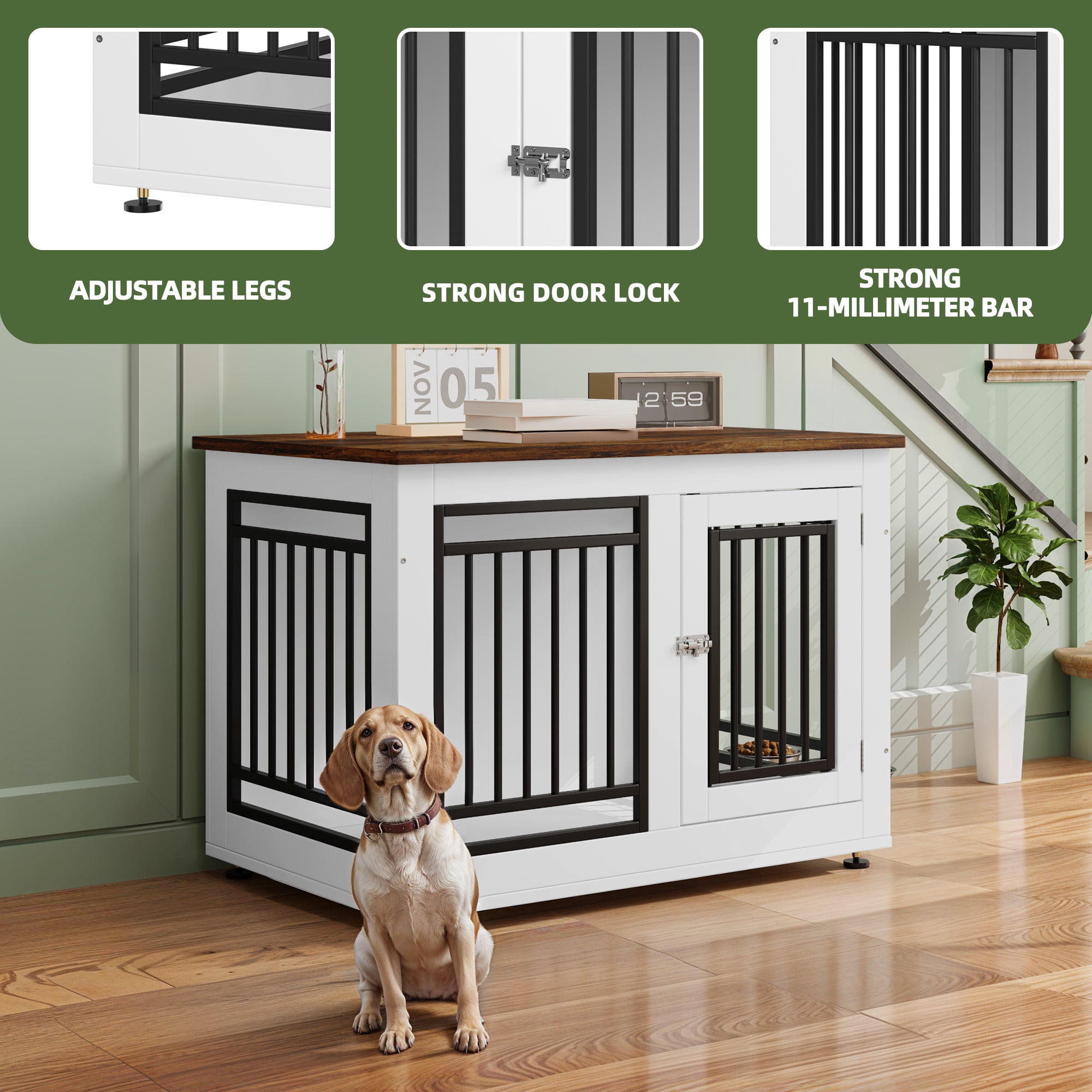 Uforic 35 inch Wooden End Table Dog Crate with Adjustable Feet and 2 Removable Bowls, White