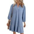 thumbnail image 6 of V-Neck Denim Dress with 3/4 Length Puff Sleeves - Mid-Calf Casual Basic Stretch Cotton Jean Shirt Dress for Women Denim Dress for Women, 6 of 8