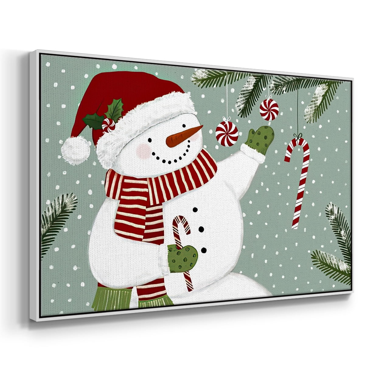Peppermint Snowman Collection A - Framed Gallery Wrapped Holiday Canvas - 27 x 41 - White Frame