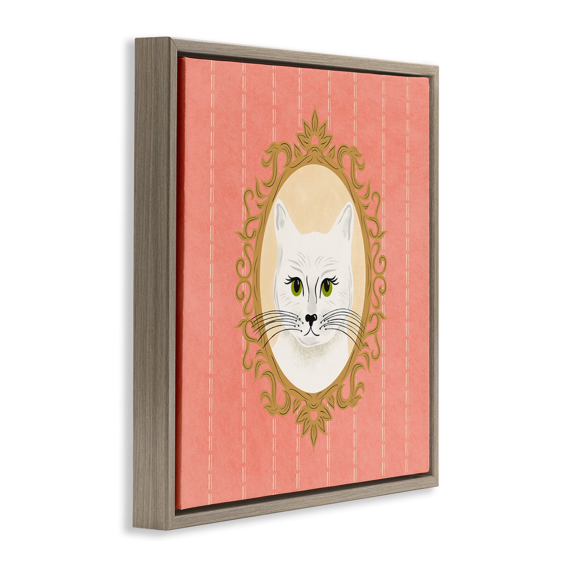Stupell Industries White Cat Portrait Animals Painting Brown Floater Framed Canvas Art Print Wall Art, 25 x 25