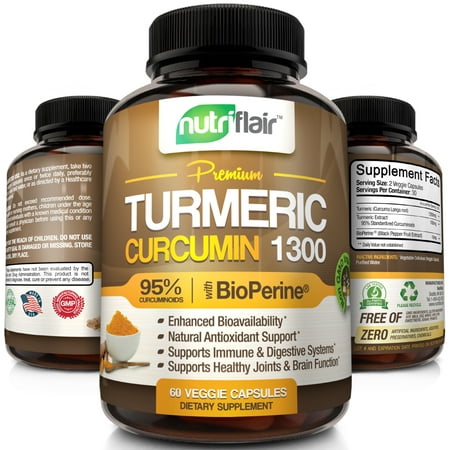 NutriFlair Premium Turmeric Curcumin with BioPerine Black Pepper, 1300mg Turmeric Capsules with 95% Standardized Curcuminoids - Highest Potency Pain Relief, Joint Support, Gluten Free, 60