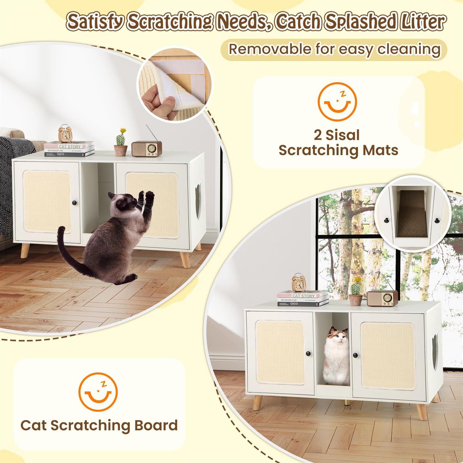 Pefilos 43" Cat Litter Box Enclosure, Double Rooms & 2 Sisal Mats, Rubber Wood Legs, White