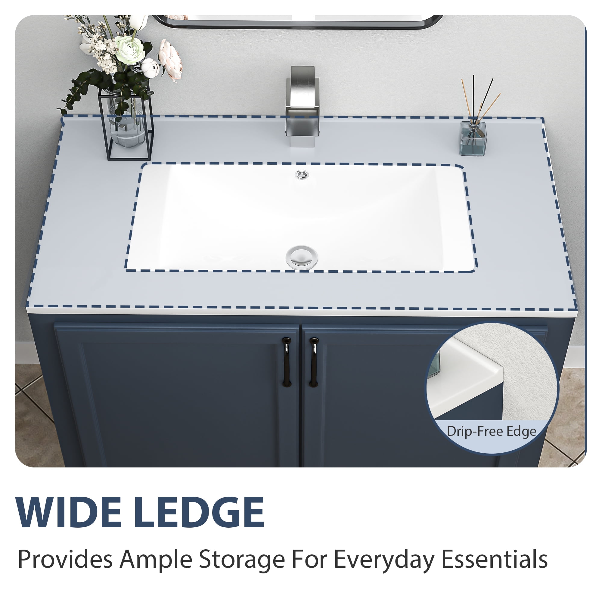 Logmey 36"x18" Porcelain White Bathroom Ceramic Sink Rectangular Top Mount Sink with Overflow Hole, Pre-Drilled Faucet Hole