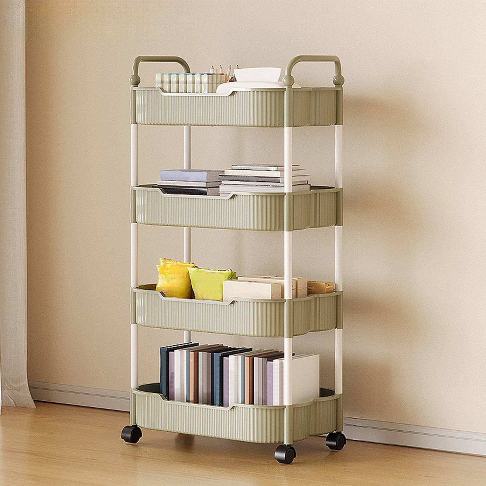 4-Tier Rolling Utility Cart, Multifunctional Storage Organizer with Plastic Shelf & Metal Wheel, Storage Cart for Kitchen, Bathroom, Living Room, Office