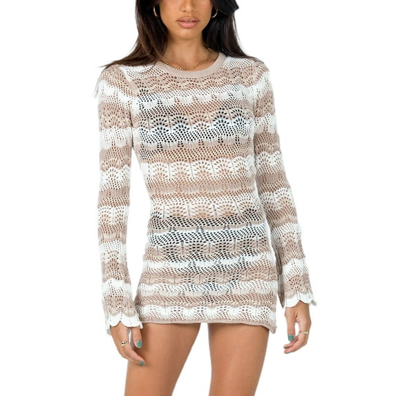 SAYOO Women Fashion Mini Dress Bikini Cover-Ups Contrast Color/Solid Color Cutout Knitted Dress Round Neck Long Sleeve Dress