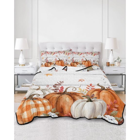 Twin Quilt Bedding Set Thanksgiving Fall Pumpkin Leaves Summer Quilt Lightweight Quilted Coverlet with 2 Pillow Shams, Farm Berry Wooden Plank 3-Piece Bedspread Quilt Set for All Season