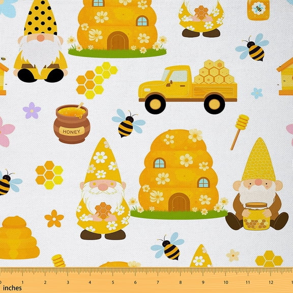 jejeloiu Cute Gnome Bee Fabric by the Yard 5 Yards,Rustic Flower Floral Fabric for Sewing,Yellow White Home Decor Fabric by the Yard For Children,Ultra Soft Home Decor