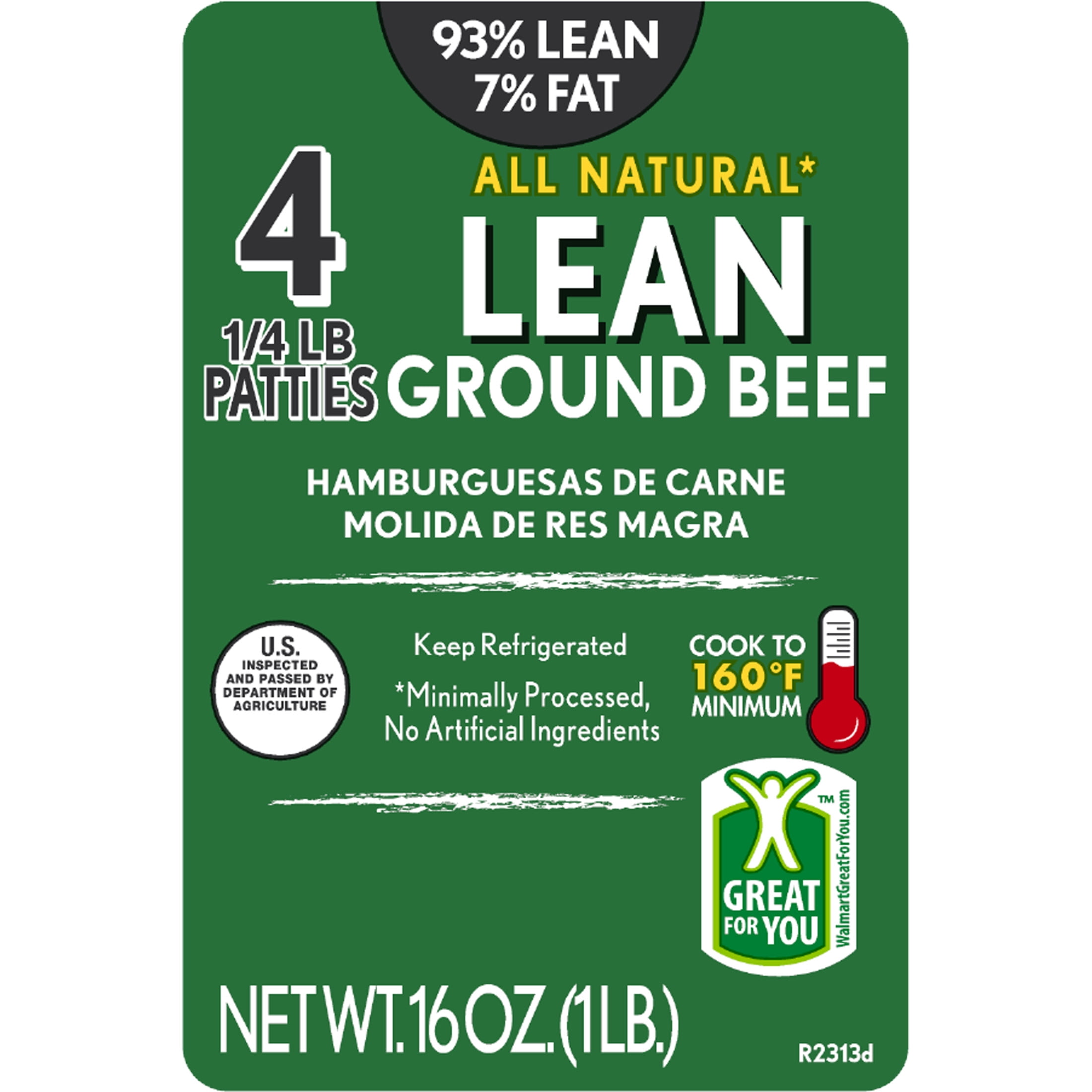 93% Lean / 7% Fat Lean Ground Beef Patties, 4 Count, 1 lb Tray, Fresh, All Natural*