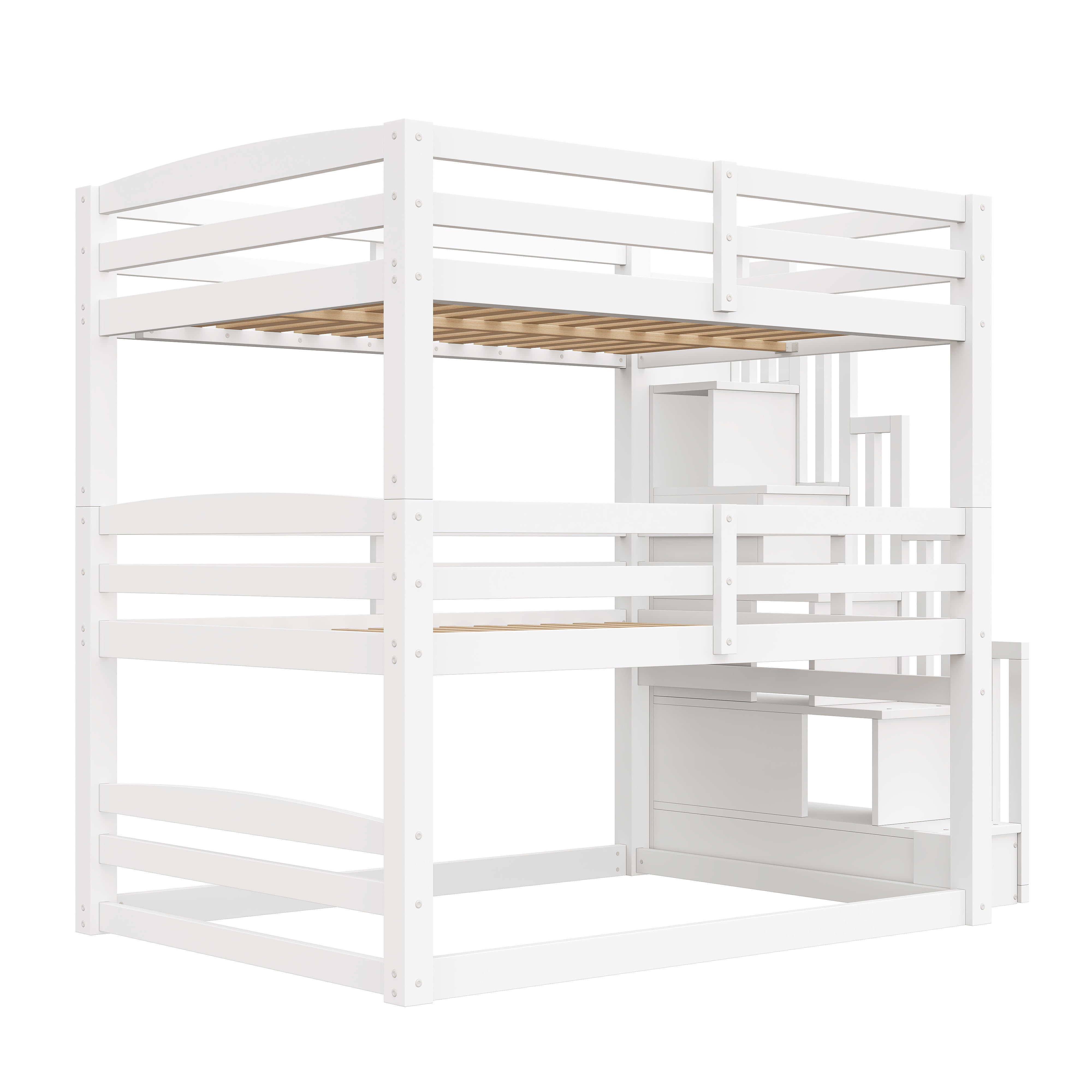Euroco Full Size Triple Bunk Bed with Storage Staircase, White