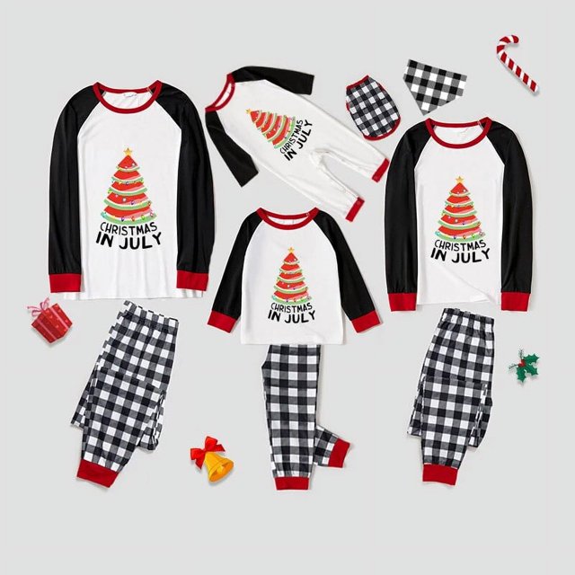 Pijamas familiares navideños a juego, conjuntos de pijamas a cuadros blancos y negros, árbol de Julio, navidad
