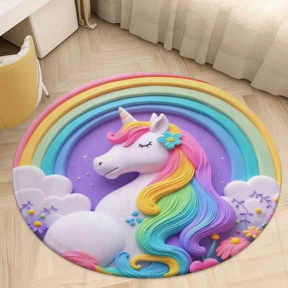Rainbow Unicorn with Flowers Round Area Rugs for Bedroom Living Room, 3FT Soft Indoor Circle Carpets, Carpet Home Decor Floor Mat