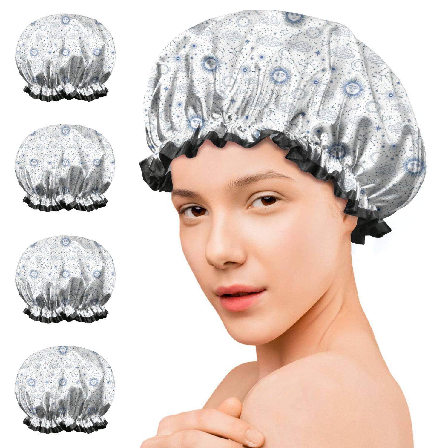 Shower Caps,White Blue Sun Moon Cloud Star Pattern Waterproof Shower Cap for Women 4 Pieces,Double Reusable Hair Cover for Shower PEVA Elastic Stretch Hem