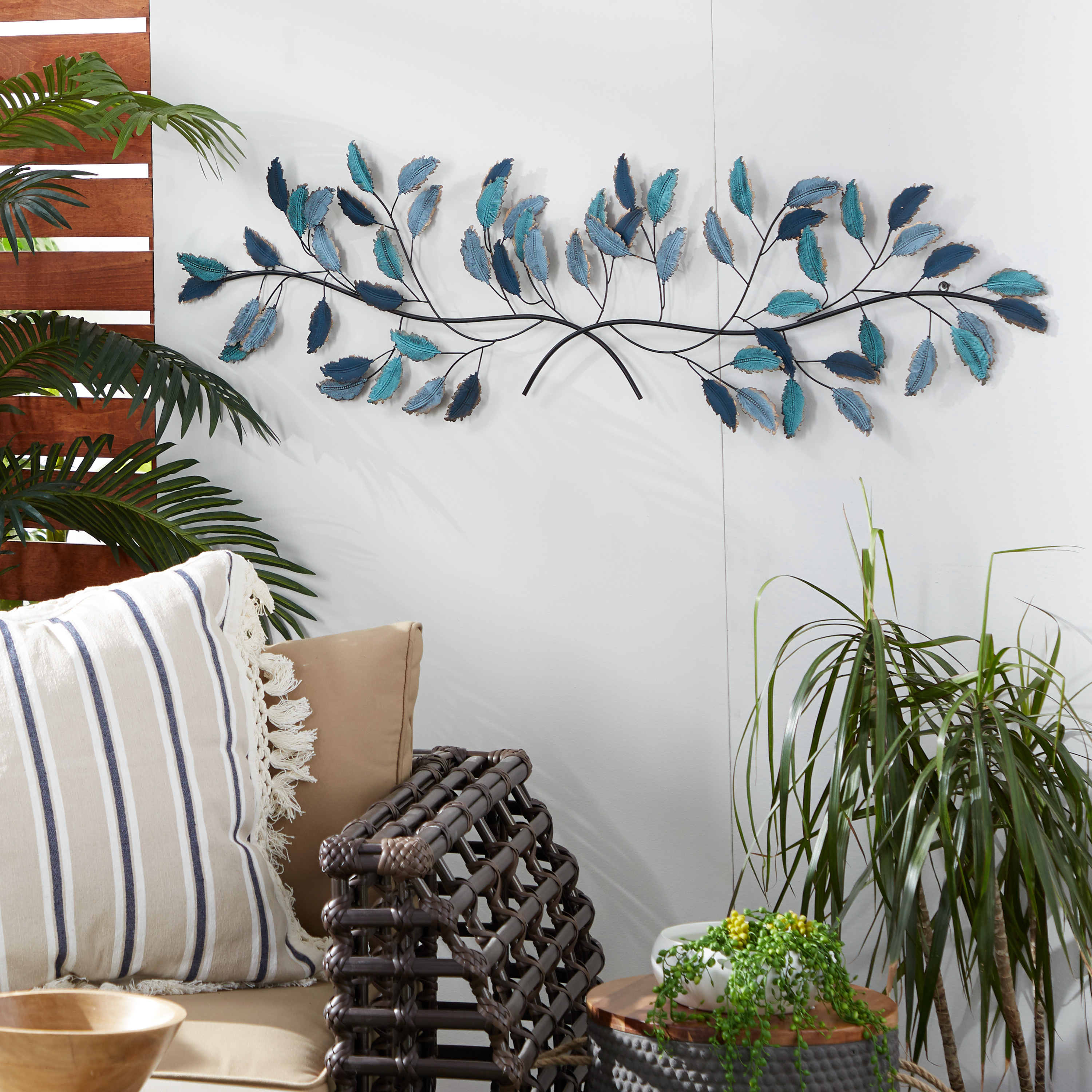 DecMode Blue Metal Leaf Wall Decor with Gold Accents