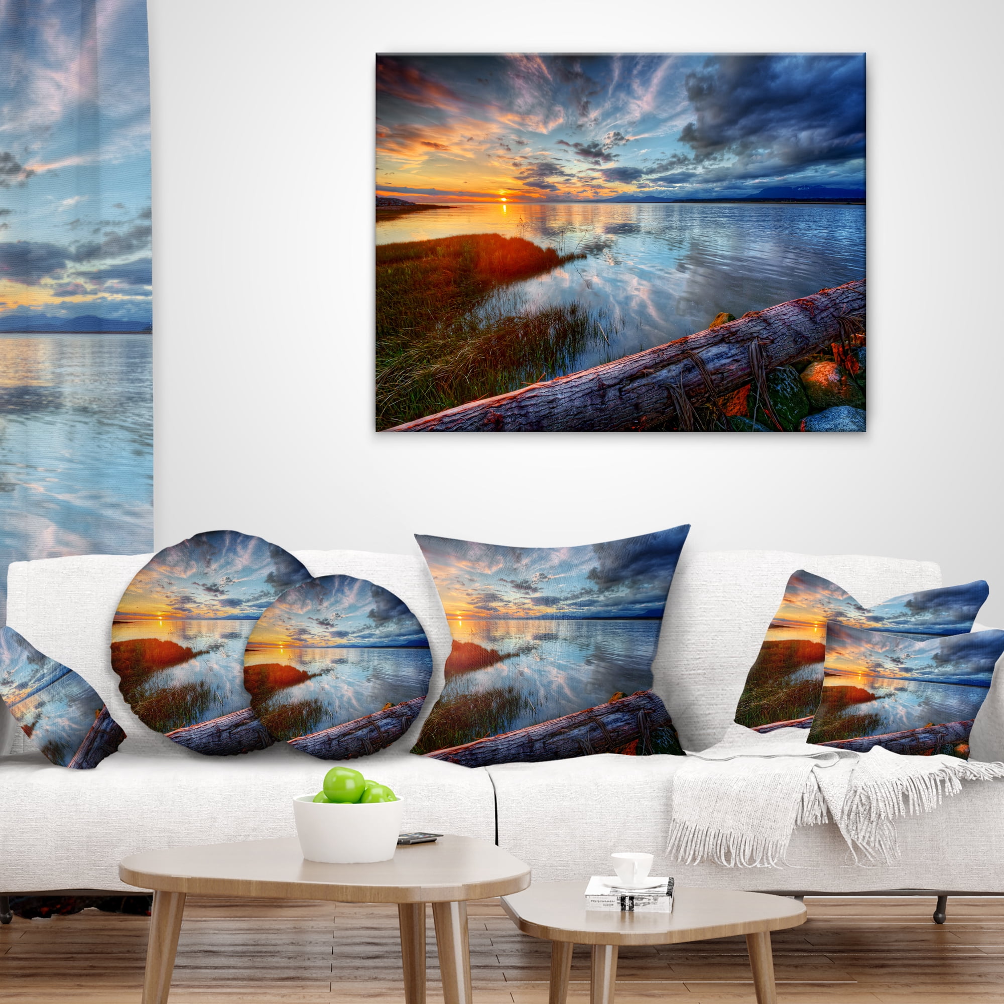 Designart Colorful River Sunset With Log - Seashore Throw Pillow - 12x20