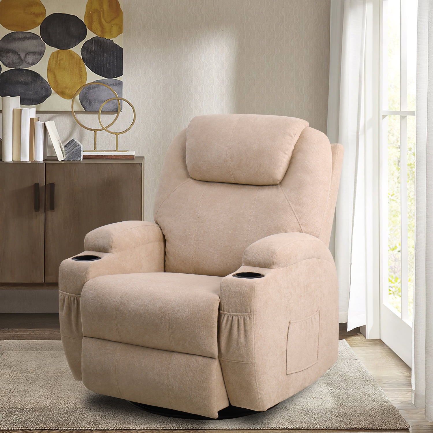 Homall Swivel Rocking Recliner Chair Massage Fabric 360 Swivel Rocker Recliner Living Room Chair Home Theater Seating,Fabric Beige