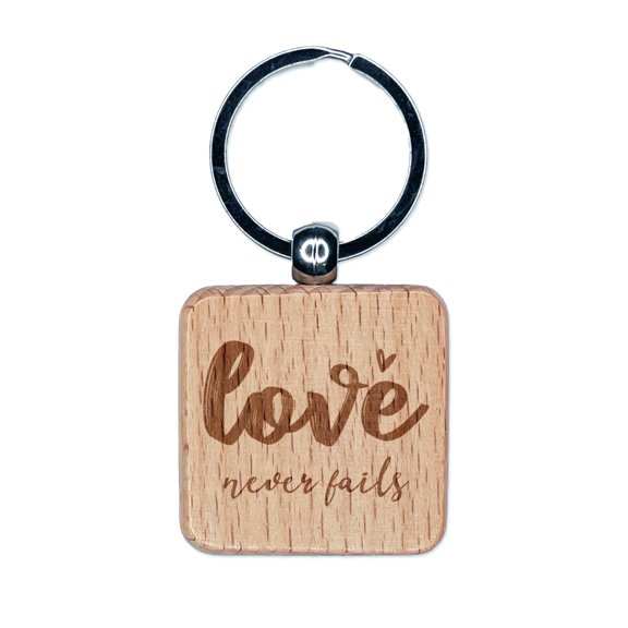 Love Never Fails Inspirational Bible Verse Square Keychain Charm Tag - Engraved Wood