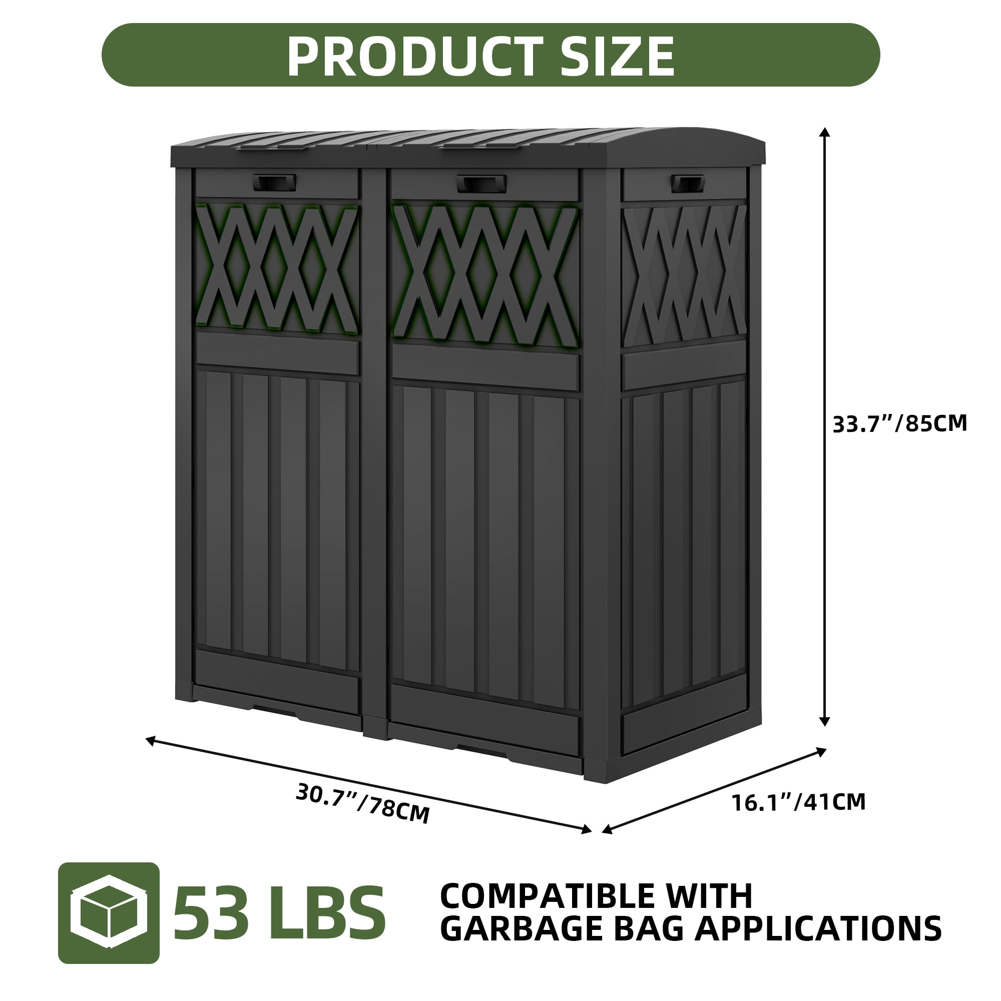 Uforic 61 Gallon Large Double-Bin Trash Can, Weatherproof Waste Bin with Tiered Lid & Drip Tray, Outdoor Garbage Bin ,for Porch, Backyard, Black