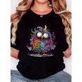 thumbnail image 1 of Women's Retro Minimalist Colorful Owl Print T-Shirt - Soft, Casual Comfort Fit, Short Sleeve, Round Neck, Machine Washable, Vibrant Bird Design, Perfect for Casual Attire, Casual Wear | Trendy Graphi, 1 of 7
