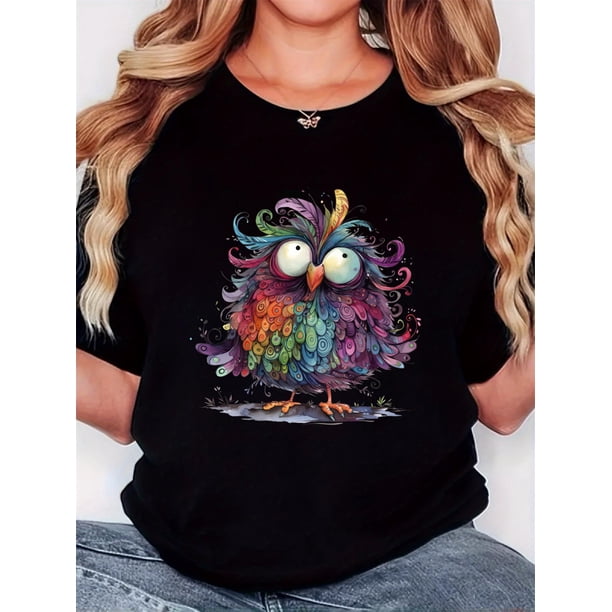 Women's Retro Minimalist Colorful Owl Print T-Shirt - Soft, Casual Comfort Fit, Short Sleeve, Round Neck, Machine Washable, Vibrant Bird Design, Perfect for Casual Attire, Casual Wear | Trendy Graphi