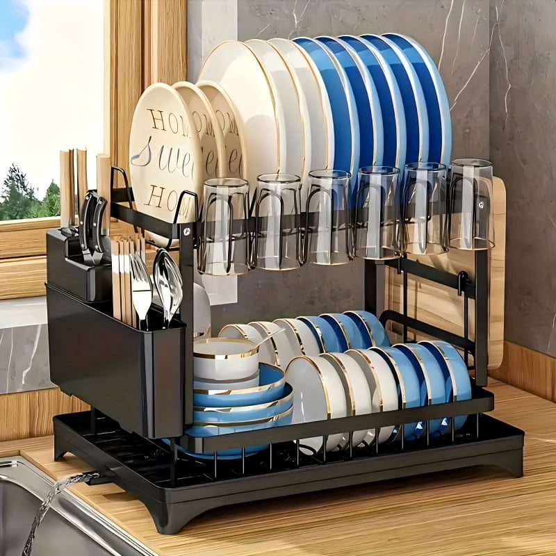 2 Tier Dish Drying Rack for Kitchen Counter, Black Metal Dish Drainer with Drainboard, Two-Level Kitchen Dish Holder Drainage
