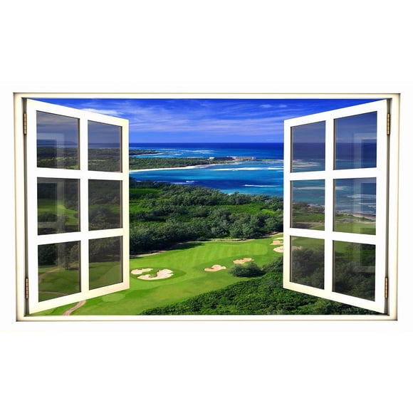 24 Pouces Vue Instantanée de Fenêtre Parcours de Golf Océan 1 Autocollant Mural Graphique Décoration Artistique pour Maison Salle de Jeux Enfants Bureau
