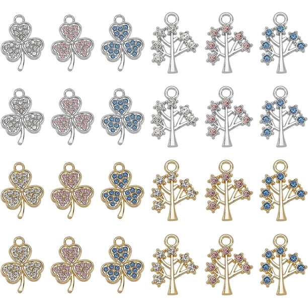 48 piezas de 2 estilos de dijes de árbol de la vida con diamantes de imitación y circonita cúbica de trébol, colgantes de aleación de 6 colores para collares, pulseras y bisutería. Agujero: 1,8-2 mm.