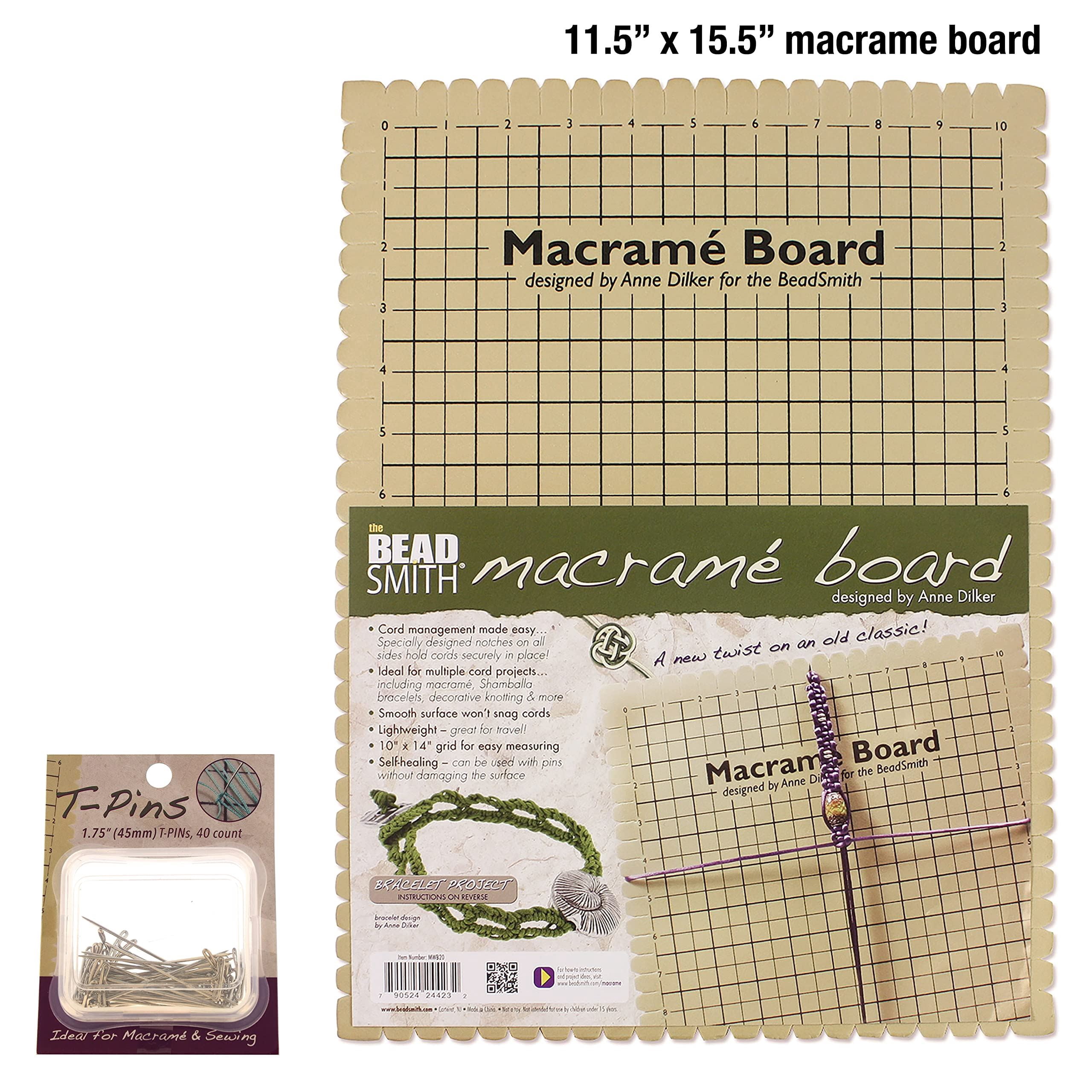 The Beadsmith Macrame Combo - Bead Board 10 x 14 inches - Box of 40 T-pins 1.75 inches - Bracelet Project & Instructions Included - Ideal for securing & Creating Macrame and Knotting Creations