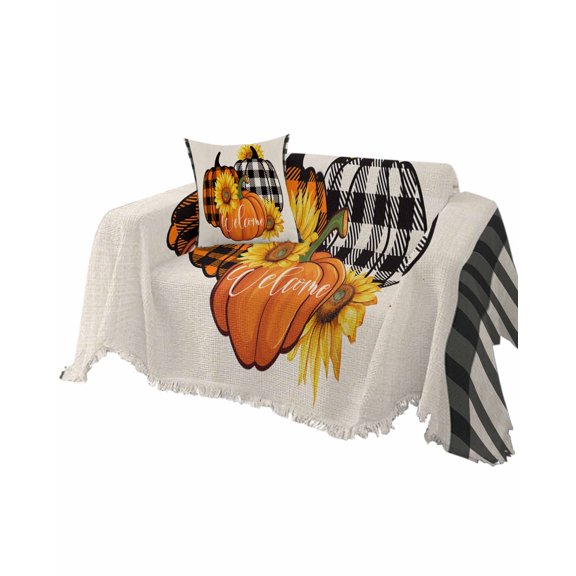 Orange Black Plaid Pumpkins Sofa Couch Covers for Dog,Washable Sectional Couch Slipcovers for Loveseat with Tassels,Fall Thanksgiving Sunflower Non Slip Sofa Throw Cover Blanket Large 71''x102''