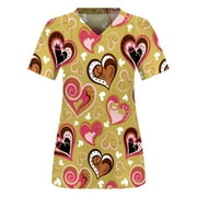 Bseka Valentine Pattern Scrub Tops Women Short Sleeve Nurse Scrubs Working Uniform Pattern Nursing T-Shirt with Pockets