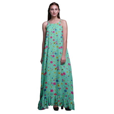 Bimba Aquamarine Green Flower Artistic Womens Sleepwear Long Nightgown Printed Spaghetti Strap Ladies Nightwear X-Large