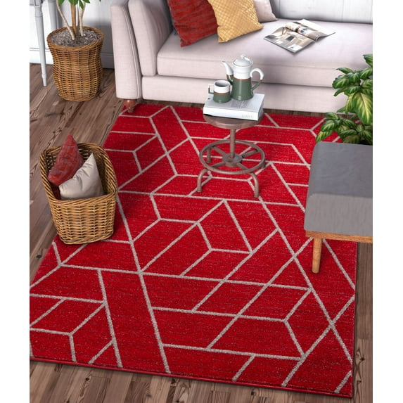 Well Woven Plaza Geometric Red Modern Lines Angles Tiles Shapes Area Rug 8x11 (7'10" x 9'10") Carpet