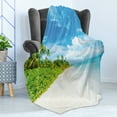 thumbnail image 4 of Ocean Soft Flannel Fleece Blanket, Image of Tropical Beach Sea Sky Landscape with Coconut Palm Trees Modern Design, Cozy Plush for Indoor and Outdoor Use, 50" x 60", Blue Green Cream, by Ambesonne, 4 of 5