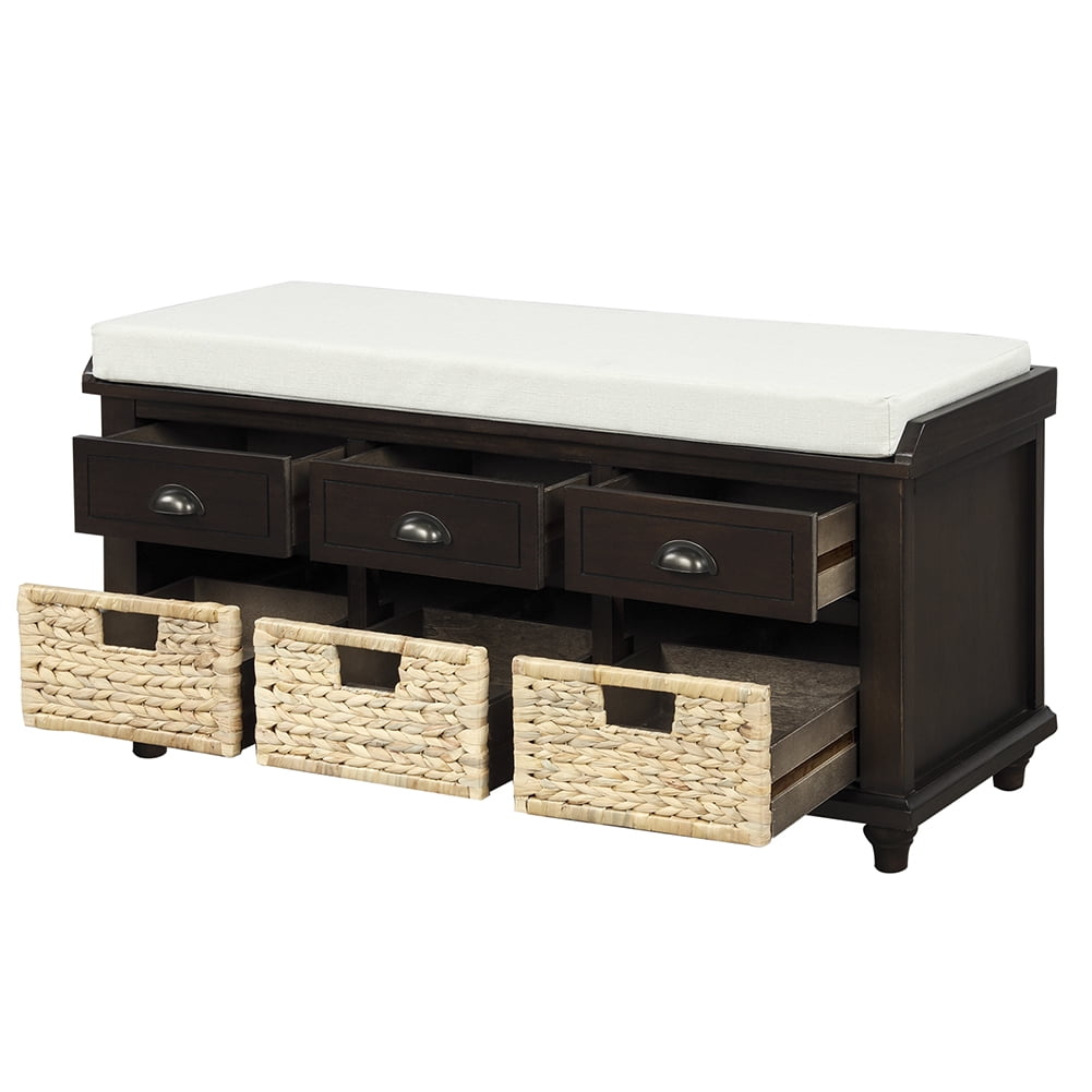 Lowestbest Shoe Bench with Removable Cushion, Rustic Storage Bench with 3 Drawers and 3 Rattan Baskets (Espresso) Lowestbest Shoe Bench with Removable Cushion, Rustic Storage Bench with 3 Drawers and 3 Rattan Baskets (Espresso)