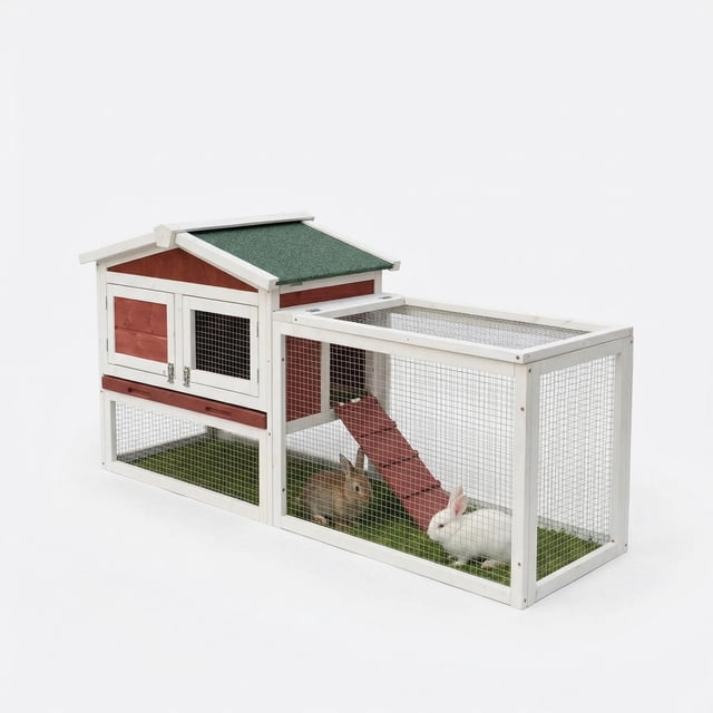 Rabbit Hutch Indoor and Outdoor, Wooden 60in 2-Story Rabbit Bunny Cage with Removable Wire Netting and Leak Proof Tray Anti-Chew Metal Frame Ramp for Small Animals, Weatherproof (Rufous White)