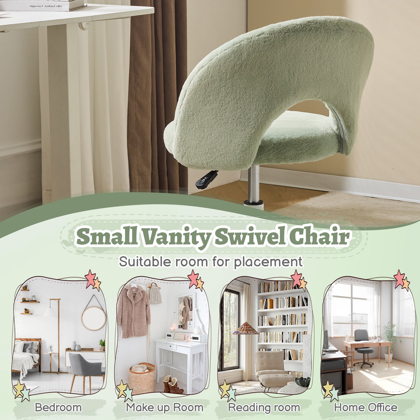 Ktaxon Vanity Makeup Chair Comfy Cute Accent Chair Small Swivel Task Office Chair with Wheels Faux Rabbit Hair Green