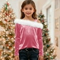 thumbnail image 2 of qolati Girls Shirts Dressy Casual Faux Furs Trim Cold Shoulder Velvet Tunic Tops Elegant Preppy Long Sleeve Blouses Kids 4-14 Years, 2 of 8