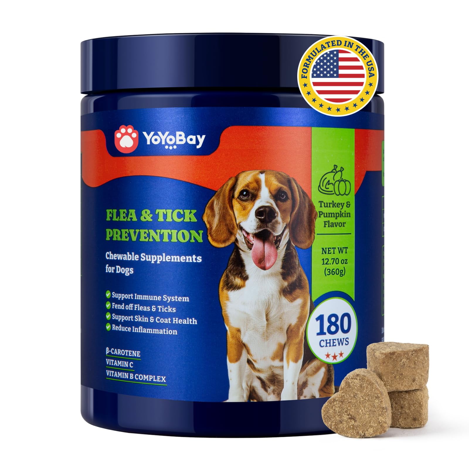 YoYoBay Flea & Tick Prevention Routine Support Chews for Dogs, 180 Soft Chews, Turkey & Pumpkin Flavor, Skin & Coat Daily Wellness Supplement