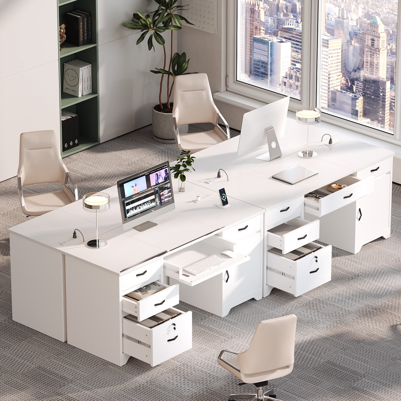 Bestier Computer Desk with 5 Drawers, 59'' Office Desk with Storage, Modern Executive Desk with File Drawers and Storage Cabinets, Charging station, Keyboard Tray, Suitable for Study& Bedrooms White