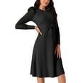 thumbnail image 4 of INSPIRE CHIC Women's Puff Long Sleeve Sweater Dresses Crewneck Tie Waist A-Line Swing Casual Ribbed Knit Midi Dress M Black, 4 of 5