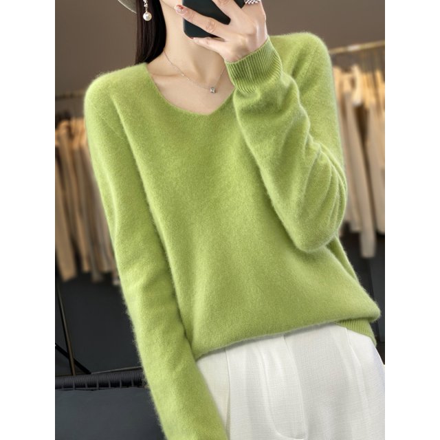 Suéter de mujer 100 % lana merino, cuello en V, manga larga, jersey básico de otoño e invierno, prendas de punto de cachemira, ropa cálida para mujer